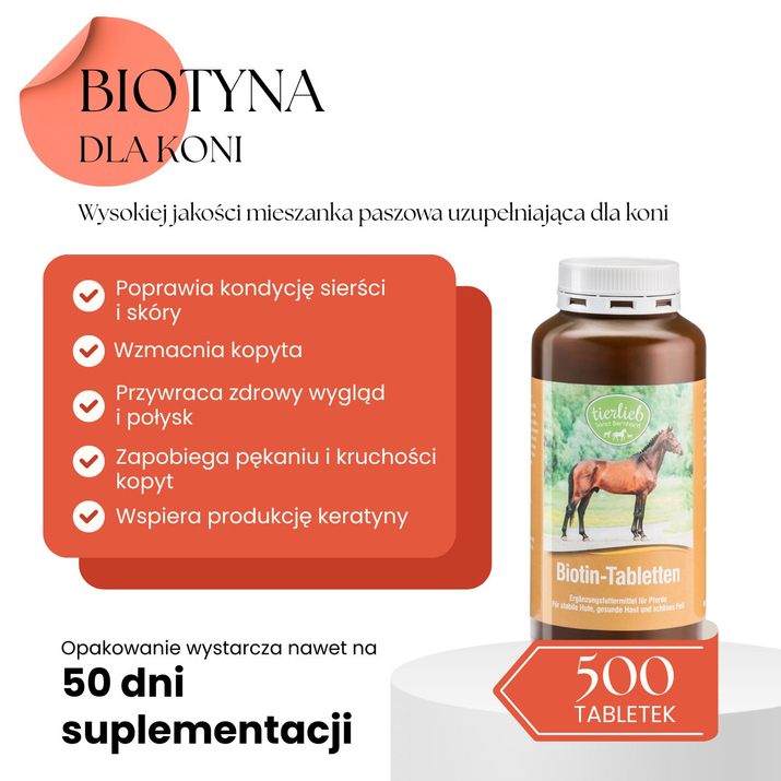 TIERLIEB Biotyna Suplement wspierający kondycję kopyt skóry i sierść dla koni - 500 tbl
