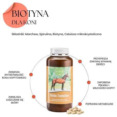 TIERLIEB Biotyna Suplement wspierający kondycję kopyt skóry i sierść dla koni 500 tabletek